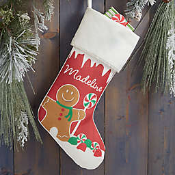 Gingerbread Characters Personalized Christmas Stocking in Ivory