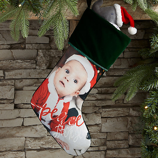 Alternate image 1 for Holiday Photo Memories Personalized Christmas Stocking in Green