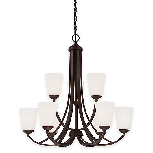 Alternate image 1 for Minka Lavery® Overland Park 9-Light Chandelier in Vintage Bronze with White Etched Glass Shade