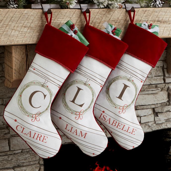 Holiday Wreath Monogrammed Christmas Stocking | Bed Bath & Beyond