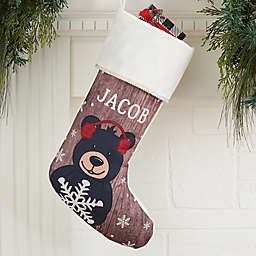 Holiday Bear Family Personalized Christmas Stocking in Ivory