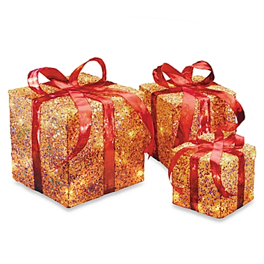 National Tree 6", 8" & 10" Assorted Gold Sisal Pre-Lit Gift Boxes. View a larger version of this product image.