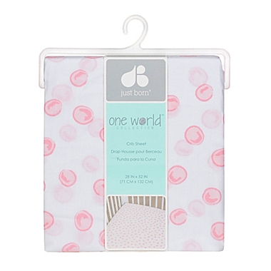 Just Born&reg; One World&trade; Collection Blossom Polka Dot Fitted Sheet in Pink/White. View a larger version of this product image.