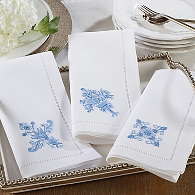 Saro Lifestyle Embroidered Blue Ornament Hemstitch Napkins in White (Set of 6). View a larger version of this product image.