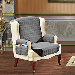 Smart Solid Microfiber Wing Chair Cover in Grey/Black