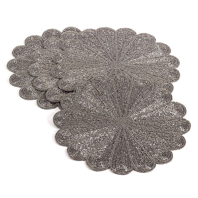 Saro Lifestyle Flower Beaded Placemats, Silver Beaded Round Placemats
