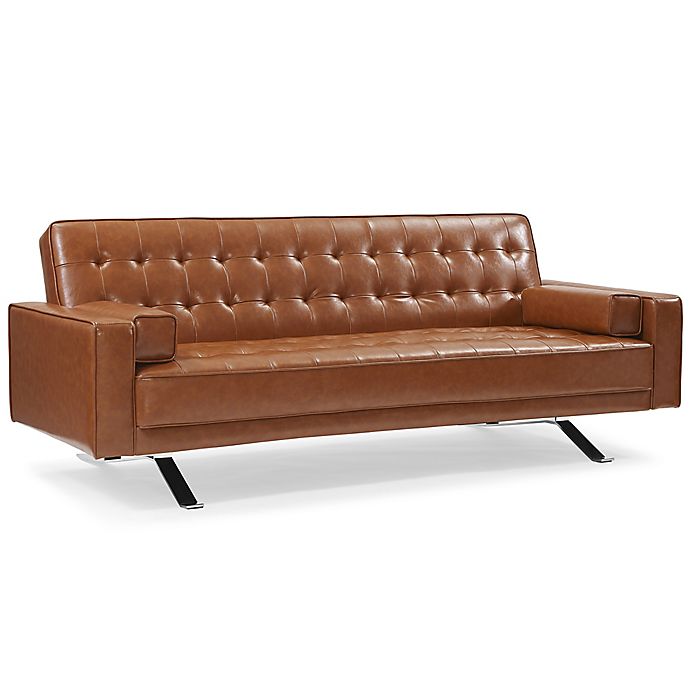 Faux Leather Convertible Sofa In Camel, Leather Convertible Sofa