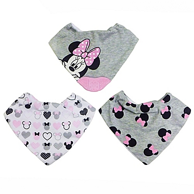 Disney 3-Pack Minnie Mouse Scarf Bibs with Teether in Heather Grey. View a larger version of this product image.