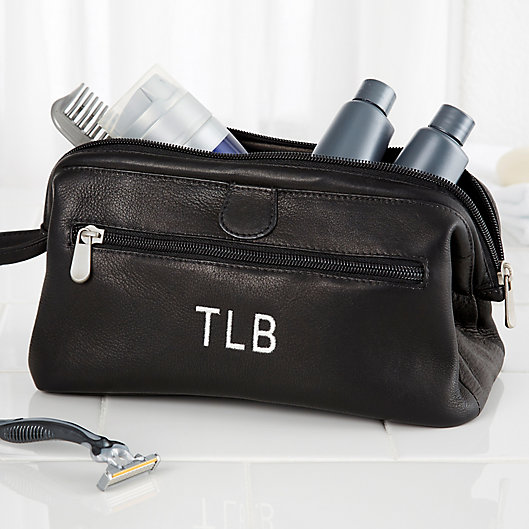 Alternate image 1 for Personalized Black Leather Toiletry Bag