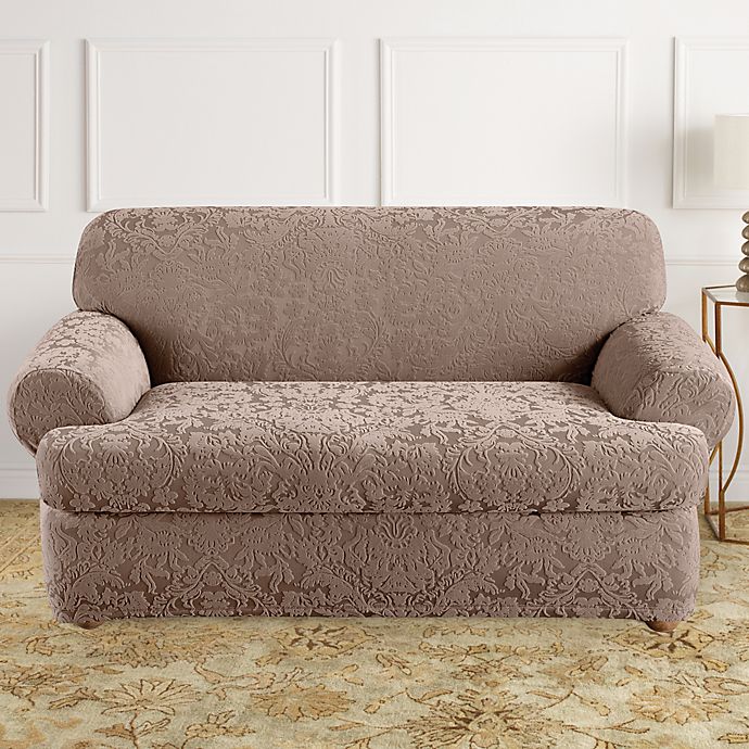 Sure Fit Stretch Jacquard T Cushion 2 Piece Loveseat Slipcover In Mushroom Bed Bath Beyond - T Cushion Loveseat Slipcover Two Piece