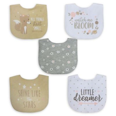 Neat Solutions&reg; 5-Pack Girl Aspirational Water-Resistant Infant Bibs in Oatmeal/White
