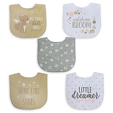 Neat Solutions&reg; 5-Pack Girl Aspirational Water-Resistant Infant Bibs in Oatmeal/White. View a larger version of this product image.
