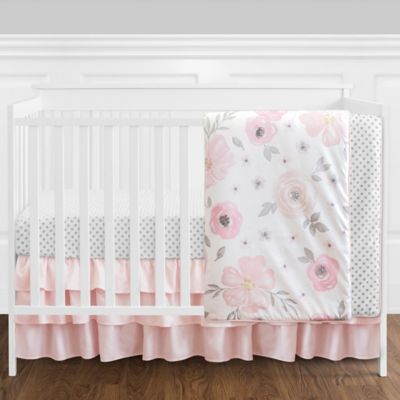 Sweet Jojo Designs Watercolor Floral 4-Piece Crib Bedding Set in Pink/White