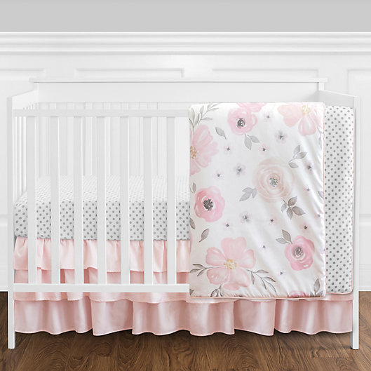Alternate image 1 for Sweet Jojo Designs Watercolor Floral 4-Piece Crib Bedding Set in Pink/White