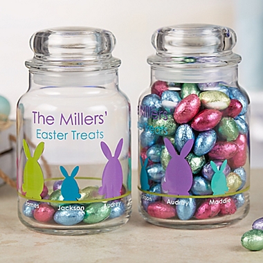 Easter Bunny Family Character Personalized Glass Treat Jar. View a larger version of this product image.
