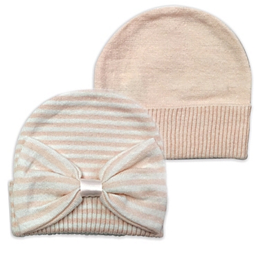 NYGB&trade; Newborn 2-Pack Striped Ribbon and Solid Knit Hats in Pink. View a larger version of this product image.