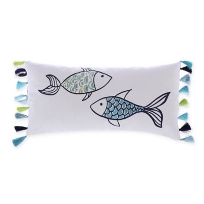 Levtex Home Embroidered Fish with Tassels Oblong Throw Pillow in Blue/White