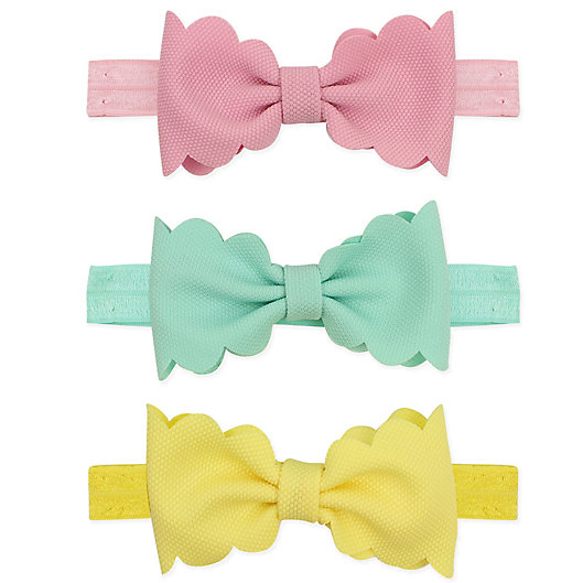 Alternate image 1 for Tiny Treasures 3-Piece Scalloped Bow Headband Set in Pink/Turquoise/Yellow