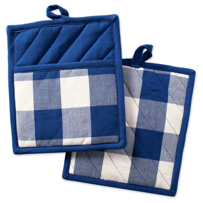  Design  Imports  Buffalo Check Pot  Holders  in Navy Set of 2 
