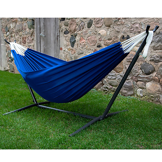 Alternate image 1 for Vivere 9-Foot Double Hammock in Polyester Fabric with Stand in Royal Blue