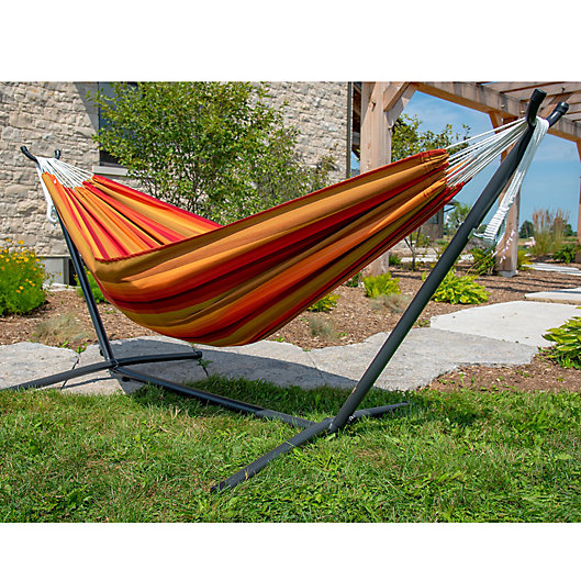Alternate image 1 for Vivere® 9-Foot Double Hammock in Sunbrella® Fabric with Stand in Sunset