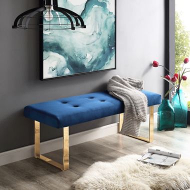 Inspired Home Versan Velvet Bench in Navy/Gold. View a larger version of this product image.