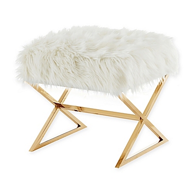 Inspired Home Maggie Faux Fur Ottoman in White/Gold. View a larger version of this product image.