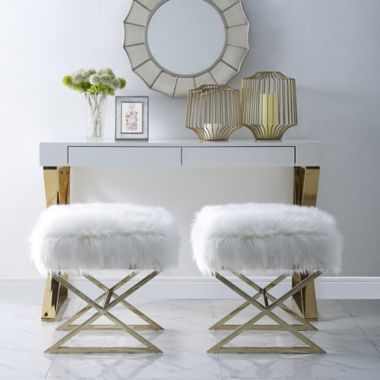 Inspired Home Maggie Faux Fur Ottoman in White/Gold. View a larger version of this product image.