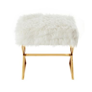 Inspired Home Maggie Faux Fur Ottoman in White/Gold. View a larger version of this product image.