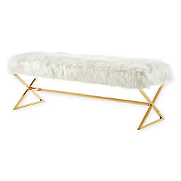 Inspired Home Maggie Faux Fur Bench in White/Gold