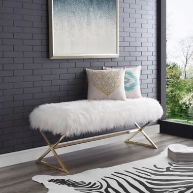Inspired Home Maggie Faux Fur Bench in White/Gold. View a larger version of this product image.