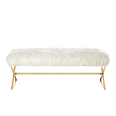 Inspired Home Maggie Faux Fur Bench in White/Gold. View a larger version of this product image.