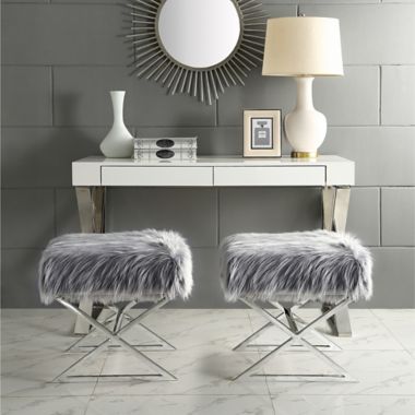 Inspired Home Maggie Faux Fur Ottoman in Grey/Chrome. View a larger version of this product image.