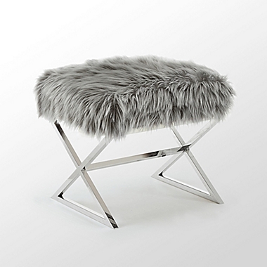 Inspired Home Maggie Faux Fur Ottoman in Grey/Chrome. View a larger version of this product image.