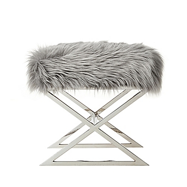 Inspired Home Maggie Faux Fur Ottoman in Grey/Chrome. View a larger version of this product image.