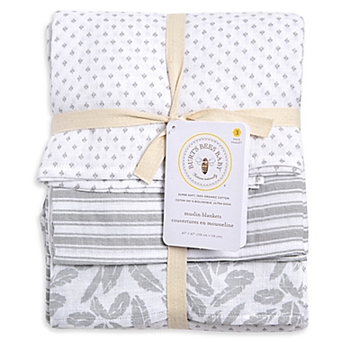 Burt&#39;s Bees Baby&reg; Dottie Bee Organic Cotton Muslin 3-Pack Swaddle Blankets in Fog. View a larger version of this product image.