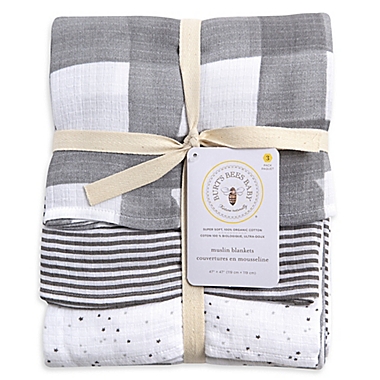Burt&#39;s Bees Baby&reg; Starry Eyes Organic Cotton Muslin 3-Pack Swaddle Blankets in Charcoal. View a larger version of this product image.