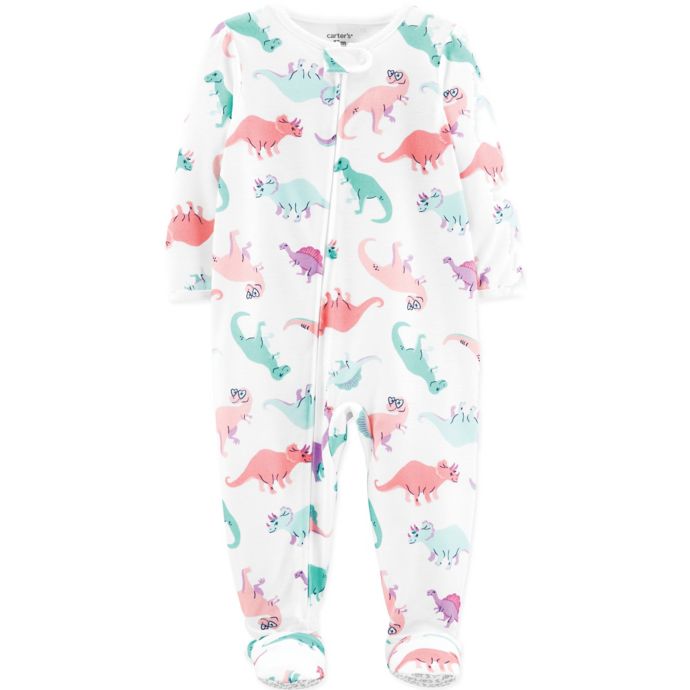 carter's® Dinosaur ZipFront Footed Pajama in White buybuy BABY