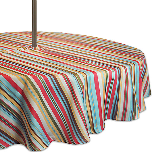 Design Imports Summer Stripe Round, Fitted Outdoor Round Tablecloth With Umbrella Hole
