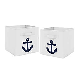 Sweet Jojo Designs Anchors Away Fabric Storage Bins in Navy/White (Set of 2)
