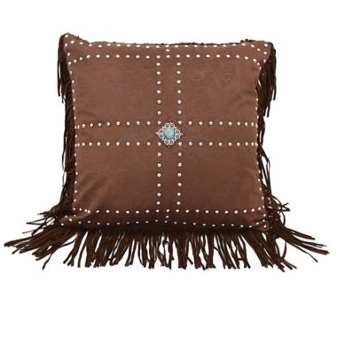 HiEnd Accents Faux Leather Fringe Square Throw Pillow in Brown. View a larger version of this product image.