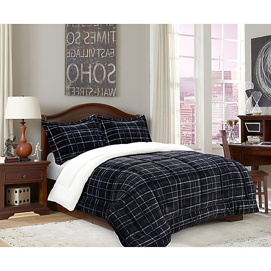 Alternate image 1 for Elegant Comfort Luxury Plaid Sherpa 2-Piece Reversible Twin Comforter Set in Black