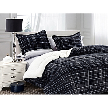 Elegant Comfort Luxury Plaid Sherpa 2-Piece Reversible Twin Comforter Set in Black. View a larger version of this product image.