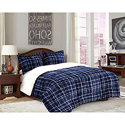 Elegant Comfort Luxury Plaid Sherpa 3-Piece Reversible Full/Queen Comforter Set in Navy/Blue