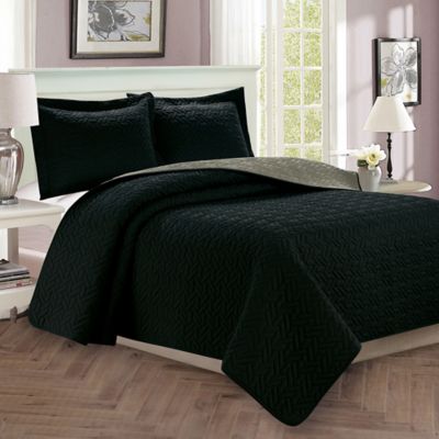 Majestic Stitch Full/Queen Reversible Quilt Set in Black/Grey