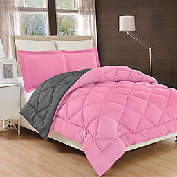 All Season Luxury Diamond Box Reversible Twin/Twin XL Comforter Set in Pink/Grey