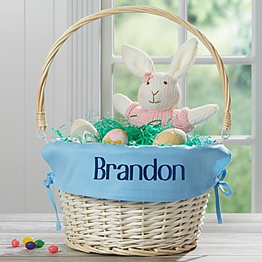 Personalized Willow Easter Basket with Drop-Down Handle in Light Blue. View a larger version of this product image.