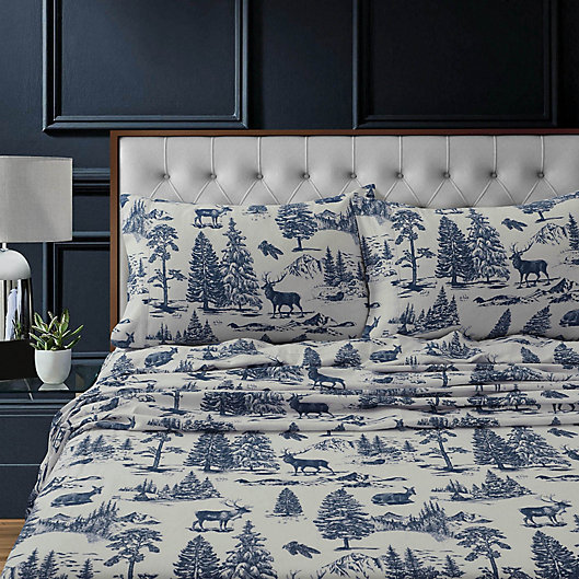 Alternate image 1 for Tribeca Living Mountain Toile Flannel Deep-Pocket Twin XL Sheet Set in Navy/Blue
