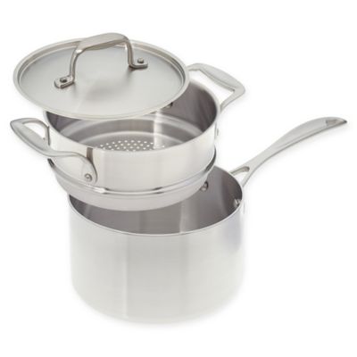 American Kitchen&reg; Tri-Ply Stainless Steel Covered Saucepan with Steamer Insert