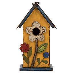 Distressed Solid Wood Birdhouse with Flower in Yellow
